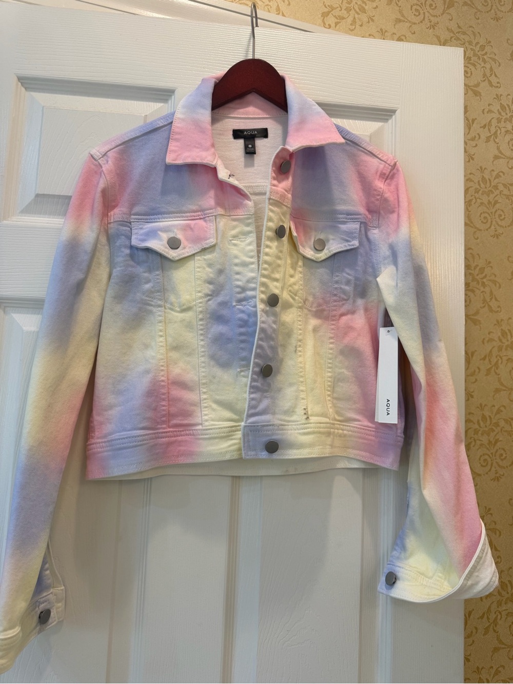 NWT Aqua Pastel Tie-Dye Cropped Denim Jacket in Pink, Blue & Cream